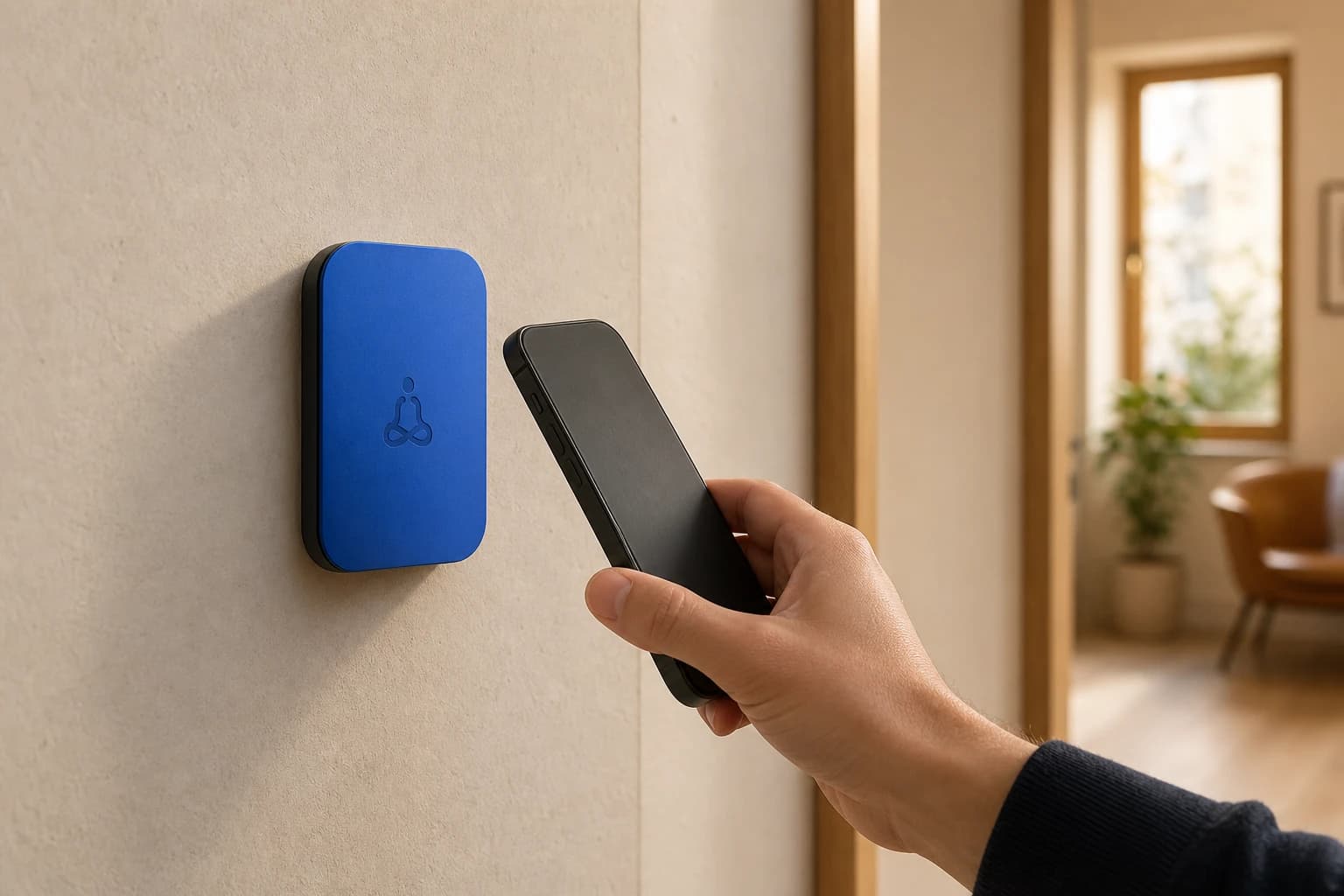 Una persona avvicina l’iPhone a FourMind Station fissata alla parete